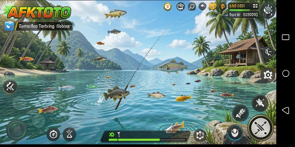 Screenshot AFKTOTO menampilkan pemain yang menangkap ikan besar di lautan.
