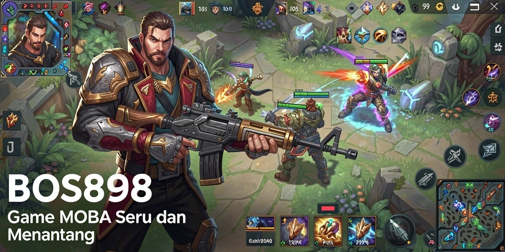 Screenshot gameplay BOS898 yang menunjukkan pertarungan pahlawan MOBA.