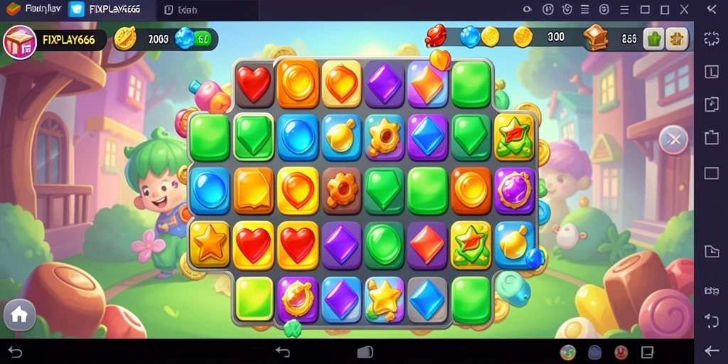 Tampilan permainan FIXPLAY666 dengan level Match-3 yang penuh warna.