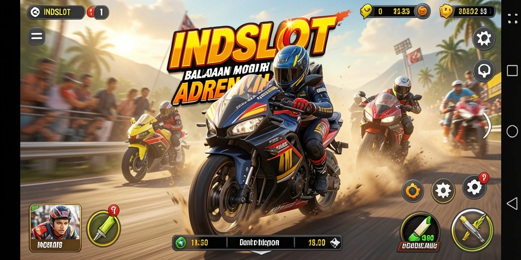 Tampilan gameplay mendebarkan dalam INDSLOT dengan aksi balapan motor.