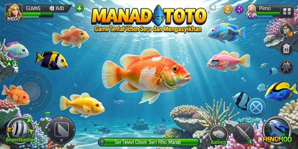 Tampilan gameplay seru dalam MANADOTOTO dengan banyak ikan berwarna.