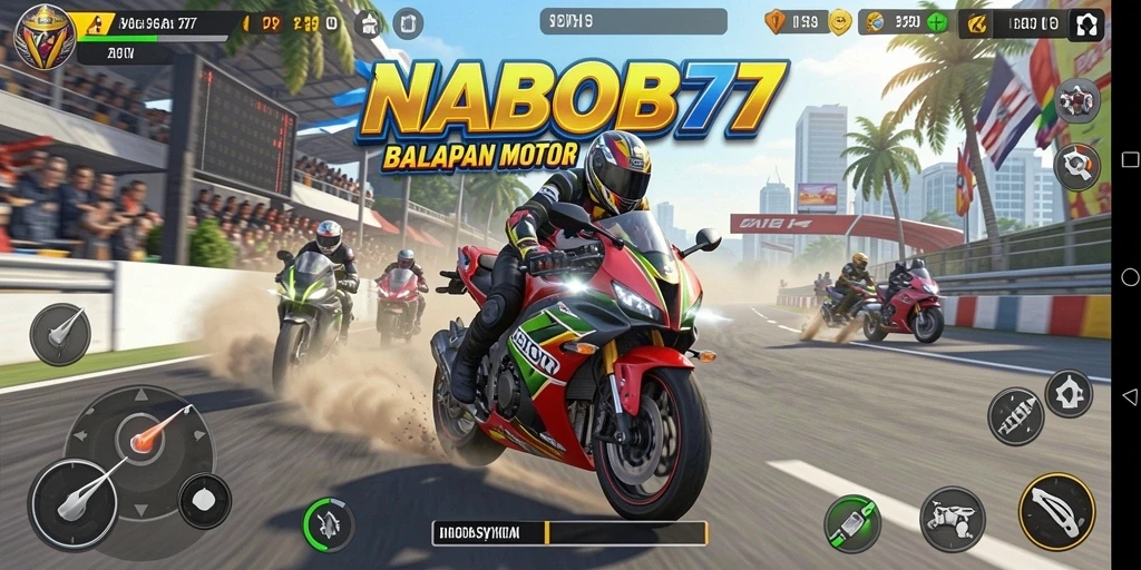 Screenshot gameplay NABOB77 yang menampilkan balapan motor yang mendebarkan.