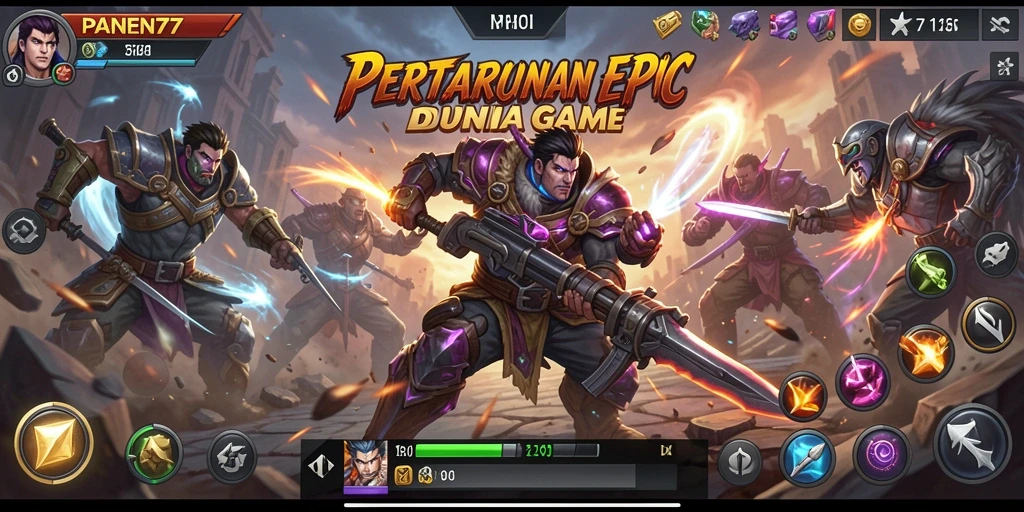 Screenshot utama menunjukkan pertarungan seru di arena dengan karakter beragam.