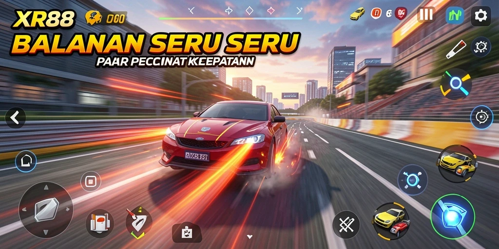Screenshot gameplay XR88 menampilkan balapan seru dengan kendaraan cepat.